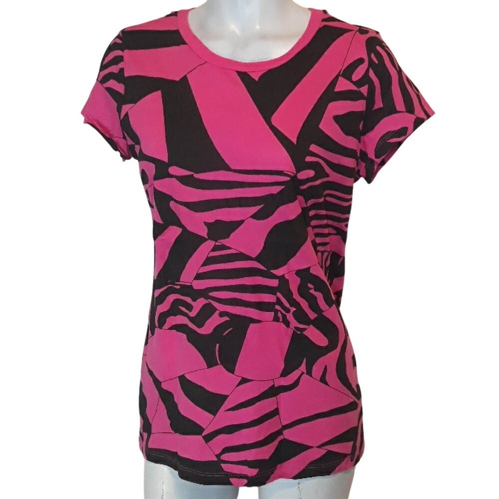 Hot Pink Black Graphic Tee Abstract Print Y2K‎ Fitted Short Sleeve Top Women